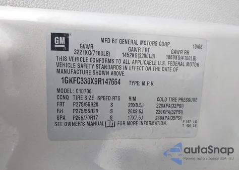 2009 GMC Yukon Slt1 z USA, uszkodzony, nr VIN 1GKFC330X9R147664